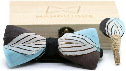 Austin Gray Skies Feather Bow Tie & Feather Lapel Pin Set | Mandujour Handmade in Saudi Arabia