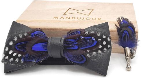 Black and Blue leather Feather Bow Tie & Lapel Pin Set | Mandujour Handmade Gift | Gifts for Him | Wedding Gift in Saudi Arabia