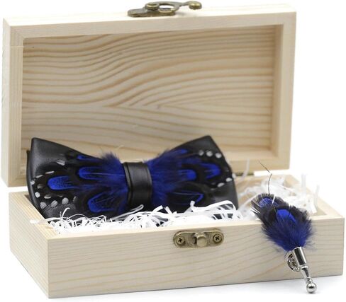 Black and Blue leather Feather Bow Tie & Lapel Pin Set | Mandujour Handmade Gift | Gifts for Him | Wedding Gift in Saudi Arabia