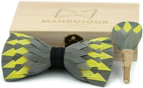 Fort Worth Electric Feather Bow Tie & Lapel Pin Set | Handmade by Mandujour | Gift for Men | Weddings and Proms (Grey) in Saudi Arabia