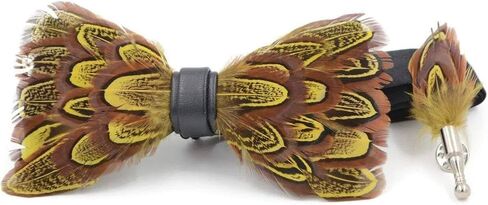 Guinea Brown Yellow Feather Bow Tie & Lapel Pin Set | Handmade Accessory for Men | Free Lapel Pin & Pinewood Gift Box in Saudi Arabia