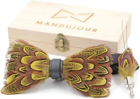 Guinea Brown Yellow Feather Bow Tie & Lapel Pin Set | Handmade Accessory for Men | Free Lapel Pin & Pinewood Gift Box in Saudi Arabia
