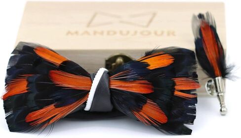 San Jose black and orange Feather Bow Tie with Feather Lapel Pin Set - Mandujour Handmade in Saudi Arabia