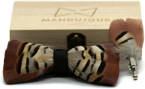 Brown Pheasant Feather Bow Ties Lapel Pin Set | Mandujour Handmade Gift | Unique Accessories for Men | Sustainable Fashion in Saudi Arabia