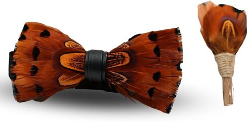 مجموعة ربطة عنق وربطة عنق من الريش البرتقالي النابض بالحياة | اكسسوار يدوي للرجال | دبوس طية صدر السترة وصندوق هدايا من خشب الصنوبر مجانًا in Kuwait