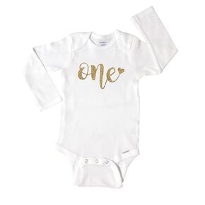 1st Birthday Onesie Girl, First Birthday Outfit, 1 Year Old, Smash Cake Outfit, Glitter Gold Bodysuit, Choose Size 12 18 24 Month and Short or Long Sleeve Gerber GOLD 002 (Long Sleeve 12 Month)
