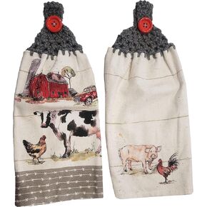 Handcrafted Grey Crochet Topped Farm Animals Kitchen Towel Pair in Kuwait