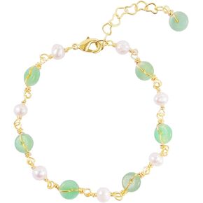 LOOYUUPEE 14K Gold Plated Natural Jade & Pearls Bracelets for Women, Natural Freshwater Pearls Jade Bracelets for Women, Lucky Green Jade Jewelry Chain for Mom Lover Her (14K Gold Plated)