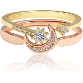 Meissa Sterling Silver Moon and Star Ring Set Handmade Stackable Rings Rose Gold Plated Ring Gift for Women Size Adjustable 7.5-10