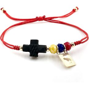 Venezuelan Pride Jet Cross Azabache Adjustable Hand-Woven Bracelet in National Flag Colors for Women (Venezuela Jet Azabache)