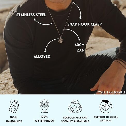 Made by Nami Necklace for Men with or without various Pendants - Mens High-Quality Stainless Steel Necklace Chain 23" - Gold Silver Gun-Metal Black - Handmade Surfer Jewelry (Black Compass) in Saudi Arabia