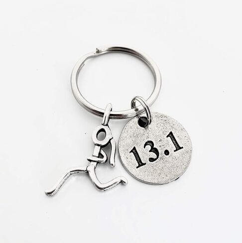 13.1 RUNNER GIRL Half Marathon Pewter Pendant Key Chain - Pewter Running Girl Stick Figure Charm and Round Pewter 13.1 Pendant on Round Stainless Steel Key Ring in Saudi Arabia