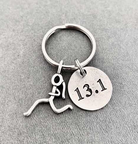 13.1 RUNNER GIRL Half Marathon Pewter Pendant Key Chain - Pewter Running Girl Stick Figure Charm and Round Pewter 13.1 Pendant on Round Stainless Steel Key Ring in Saudi Arabia