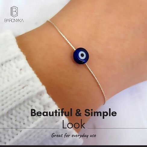 Baronyka Handmade Evil Eye Bracelet for Women Stainless Steel 6.5" - 7" with Lobster Clasp (Silver) in Kuwait