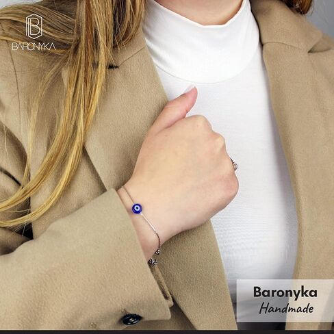 Baronyka Handmade Evil Eye Bracelet for Women Stainless Steel 6.5" - 7" with Lobster Clasp (Silver) in Kuwait
