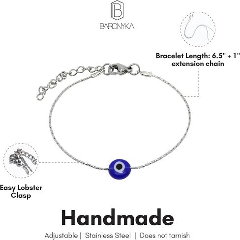 Baronyka Handmade Evil Eye Bracelet for Women Stainless Steel 6.5" - 7" with Lobster Clasp (Silver) in Kuwait