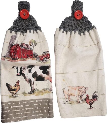Handcrafted Grey Crochet Topped Farm Animals Kitchen Towel Pair in Kuwait