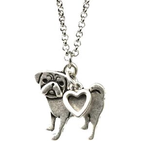 Pug Charm Necklace, Pug Gift, Silver Metal with Heart Pendant on a Chain, Ladies I Love my Puppy (Pug)