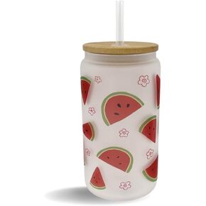 16oz Frosted Glass With Bamboo Lid and Plastic Straw - Summer (Butterfly #1, 16oz) in Kuwait