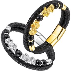 سوار الثروة من حجر السج الأسود مقاس 21 سم من فنغ شوي، سوار فنغ شوي للنساء، سوار الثروة Pixiu أساور جلدية للرجال (فضي) in Kuwait