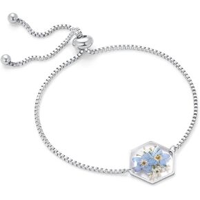 سوار Forget Me Not - أساور الزهور المضغوطة المصنوعة يدويًا من KBFORU للنساء - سوار الزهور البرية الحقيقية هدية مستوحاة من الطبيعة - سوار شخصي أنيق | ورقة قابلة للتعديل (ذهبية).