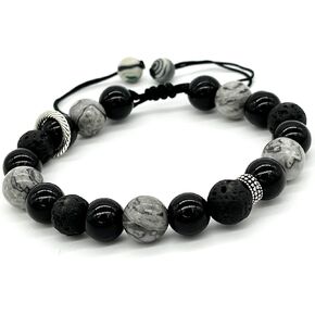 ARTSY Crafts Natural Gemstone Beads Bracelets for Men, Semi-Precious Stone Wristlets Grounding Chakra Healing Crystal Beaded Bracelets Meditation Anxiety Bangle, Adjustable 7" - 9" (Black Onyx)