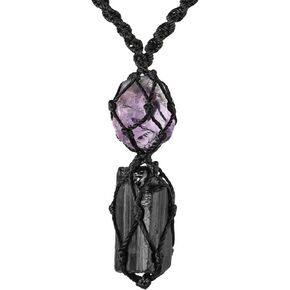 CrystalsMacrame Black Tourmaline and Amethyst crystal necklace jewelry for protection healing energy, handmade authentic raw 2 stones pendant for women men teen girls boys in Saudi Arabia