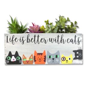 Cat Planter, Life is Better With Cats Wood Decorative Box, Cat Mom Mother' Day, Catnip Planter, Cat Lover Gift (Natural Brown Wood)