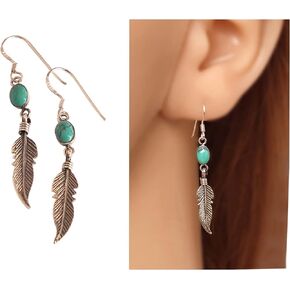925 Sterling Silver Feather & Oval Reconstructed Turquoise Stone Dangle Hook Earrings for women | Handmade by MiYa Jewelry Creations in Saudi Arabia