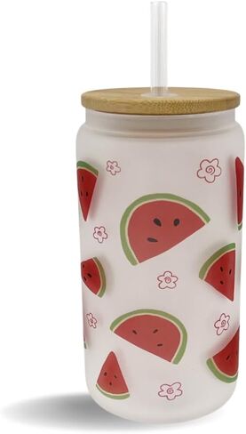16oz Frosted Glass With Bamboo Lid and Plastic Straw - Summer (Butterfly #1, 16oz) in Kuwait