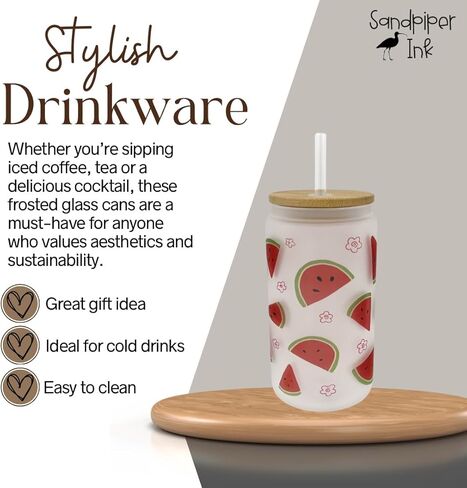 16oz Frosted Glass With Bamboo Lid and Plastic Straw - Summer (Butterfly #1, 16oz) in Kuwait