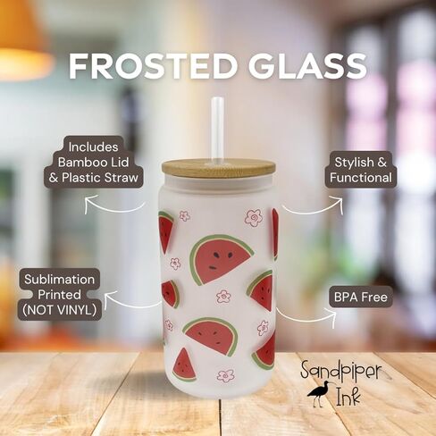 16oz Frosted Glass With Bamboo Lid and Plastic Straw - Summer (Butterfly #1, 16oz) in Kuwait