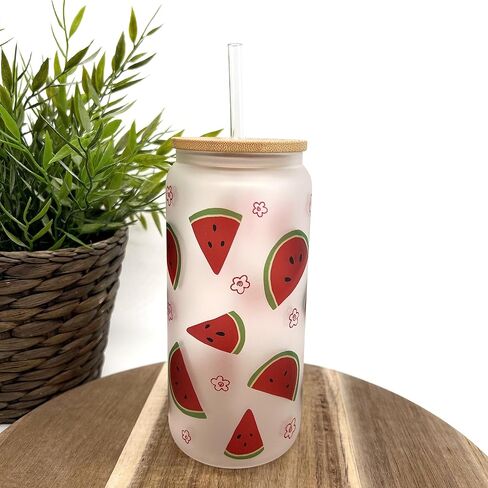 16oz Frosted Glass With Bamboo Lid and Plastic Straw - Summer (Butterfly #1, 16oz) in Kuwait