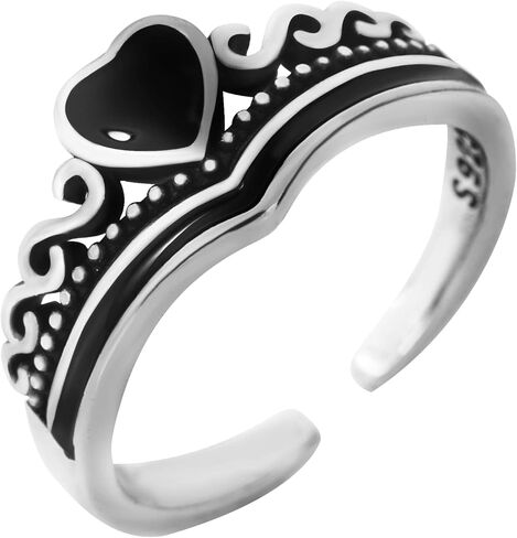 PopTopping خاتم قلب أسود عتيق من الفضة الإسترليني خاتم مصنوع يدويًا للنساء حلقات قلب الحب قابلة للتعديل بنهاية مفتوحة in Kuwait