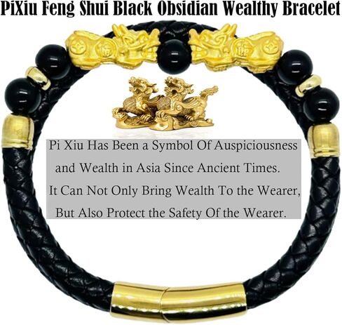 سوار الثروة من حجر السج الأسود مقاس 21 سم من فنغ شوي، سوار فنغ شوي للنساء، سوار الثروة Pixiu أساور جلدية للرجال (فضي) in Kuwait