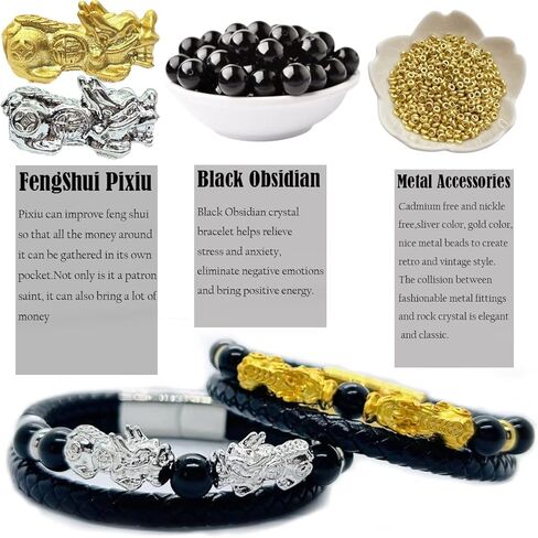سوار الثروة من حجر السج الأسود مقاس 21 سم من فنغ شوي، سوار فنغ شوي للنساء، سوار الثروة Pixiu أساور جلدية للرجال (فضي) in Kuwait