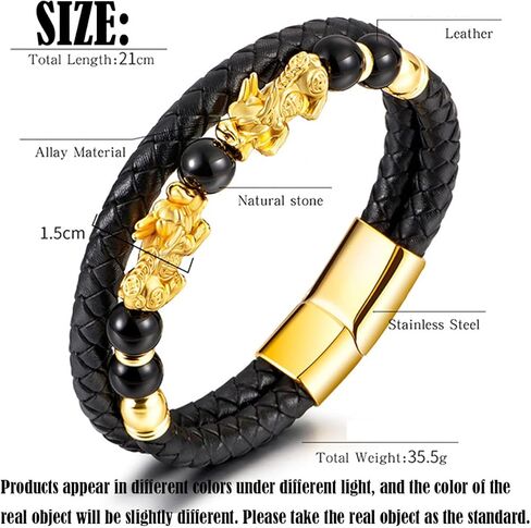 سوار الثروة من حجر السج الأسود مقاس 21 سم من فنغ شوي، سوار فنغ شوي للنساء، سوار الثروة Pixiu أساور جلدية للرجال (فضي) in Kuwait