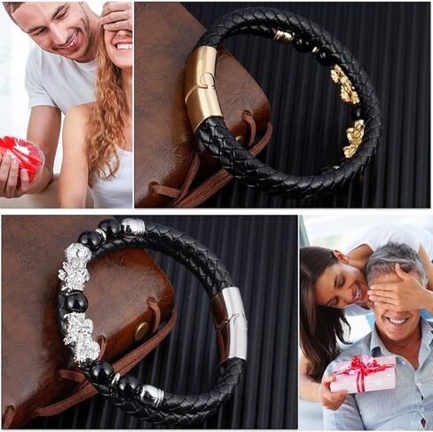 سوار الثروة من حجر السج الأسود مقاس 21 سم من فنغ شوي، سوار فنغ شوي للنساء، سوار الثروة Pixiu أساور جلدية للرجال (فضي) in Kuwait