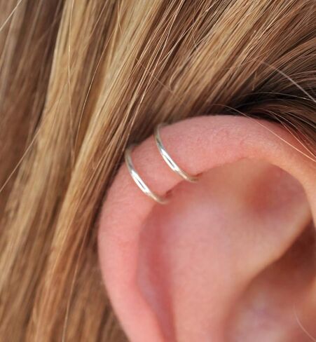 Set of 2 Ear Cuffs for Upper Ear Cartilage, No Piercing Needed, Fake Piercing, Faux Body Jewelry, Sterling Silver 925 (Gold, Set of 2 cuffs || + ||) in Saudi Arabia
