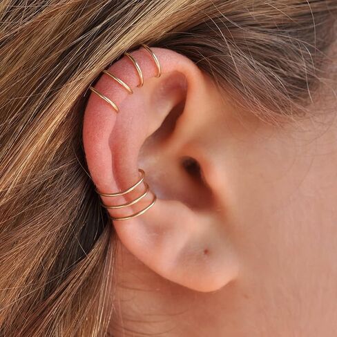 Set of 2 Ear Cuffs for Upper Ear Cartilage, No Piercing Needed, Fake Piercing, Faux Body Jewelry, Sterling Silver 925 (Gold, Set of 2 cuffs || + ||) in Saudi Arabia