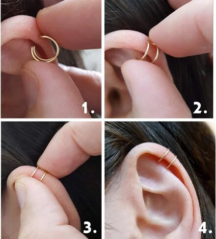 Set of 2 Ear Cuffs for Upper Ear Cartilage, No Piercing Needed, Fake Piercing, Faux Body Jewelry, Sterling Silver 925 (Gold, Set of 2 cuffs || + ||) in Saudi Arabia