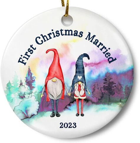 First Christmas Married Newlywed Woodland Gnome Ornament, Couples Wedding Present, 3 Inch Flat Ceramic Ornament with Gift Box in Saudi Arabia