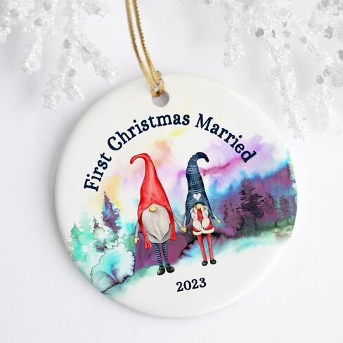 First Christmas Married Newlywed Woodland Gnome Ornament, Couples Wedding Present, 3 Inch Flat Ceramic Ornament with Gift Box in Saudi Arabia
