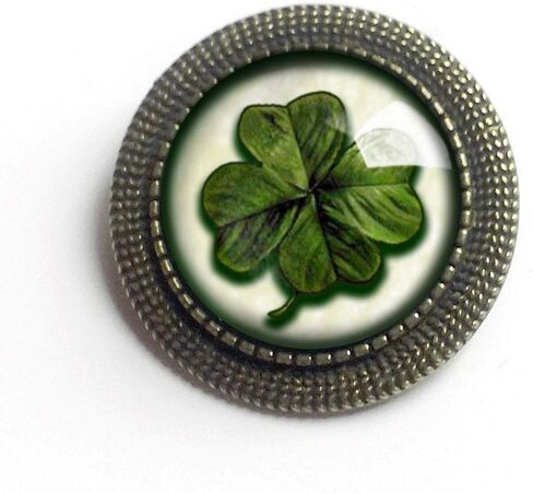 Victorian Shamrock or Four-Leafed Clover Reversed Decoupage Glass Cabochon and Antique Bronze Brooch in Saudi Arabia
