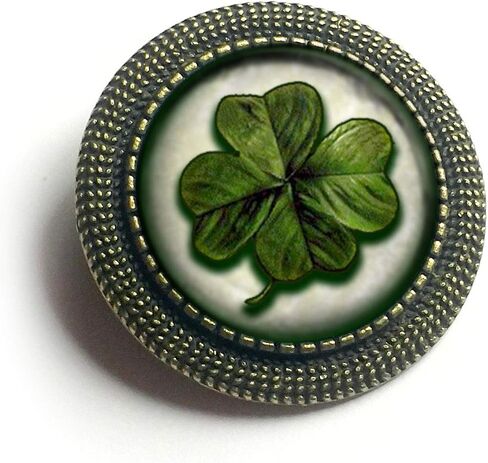Victorian Shamrock or Four-Leafed Clover Reversed Decoupage Glass Cabochon and Antique Bronze Brooch in Saudi Arabia
