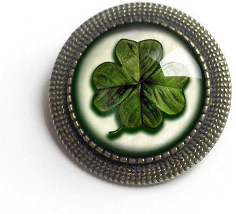 Victorian Shamrock or Four-Leafed Clover Reversed Decoupage Glass Cabochon and Antique Bronze Brooch in Saudi Arabia