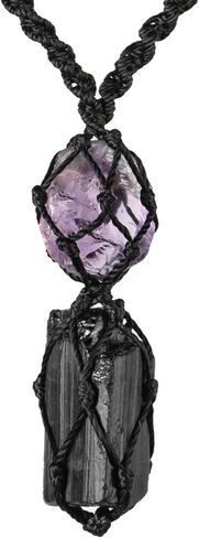 CrystalsMacrame الأسود التورمالين والجمشت الكريستال قلادة المجوهرات لحماية الطاقة العلاجية، قلادة مصنوعة يدويا من الأحجار الخام الأصلية للنساء والرجال والفتيات المراهقات والأولاد in Saudi Arabia