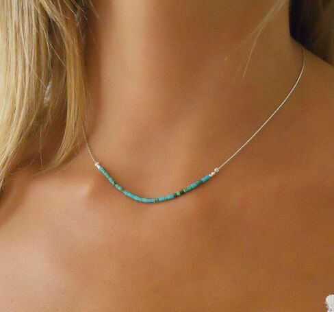 قلادة شريط فيروزي مصنوعة يدويًا من أنيكا بيلا للنساء، الطول 15-17 بوصة، قلادات قصيرة مطرزة بالفيروز من الفضة الاسترليني، هدية رائعة لها in Kuwait