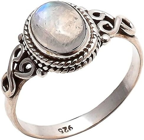 قوس قزح Moonstone خاتم 925 فضة بيان الدائري للنساء اليدوية خواتم الأحجار الكريمة عيد الميلاد وعد الدائري حجم الولايات المتحدة 5 هدية لها in Kuwait