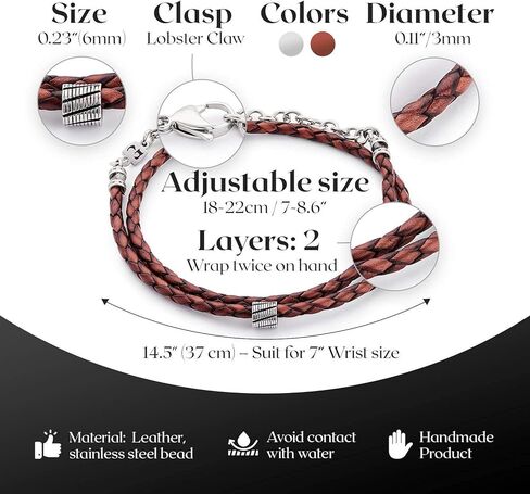 سوار من الجلد مصنوع يدويًا للرجال - سوار من الجلد الطبيعي المضفر باللون البني للرجال مع خرزة مطلية بالفضة - 14.5 بوصة in Kuwait